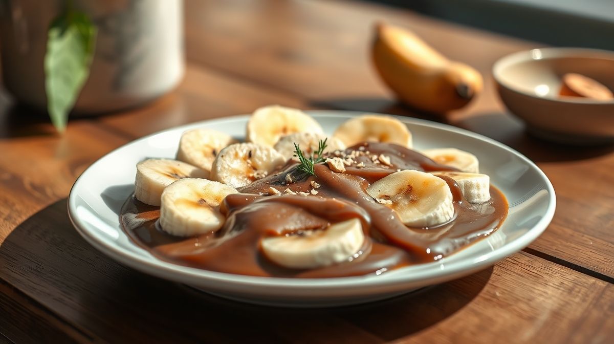 Sobremesa cremosa e saudável de banana com cacau servida em taças elegantes, com textura aveludada e aparência fresca.