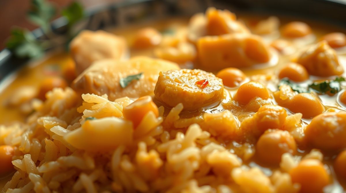 Close-up mostrando a textura cremosa do arroz caldoso com curry com frango e grão de bico