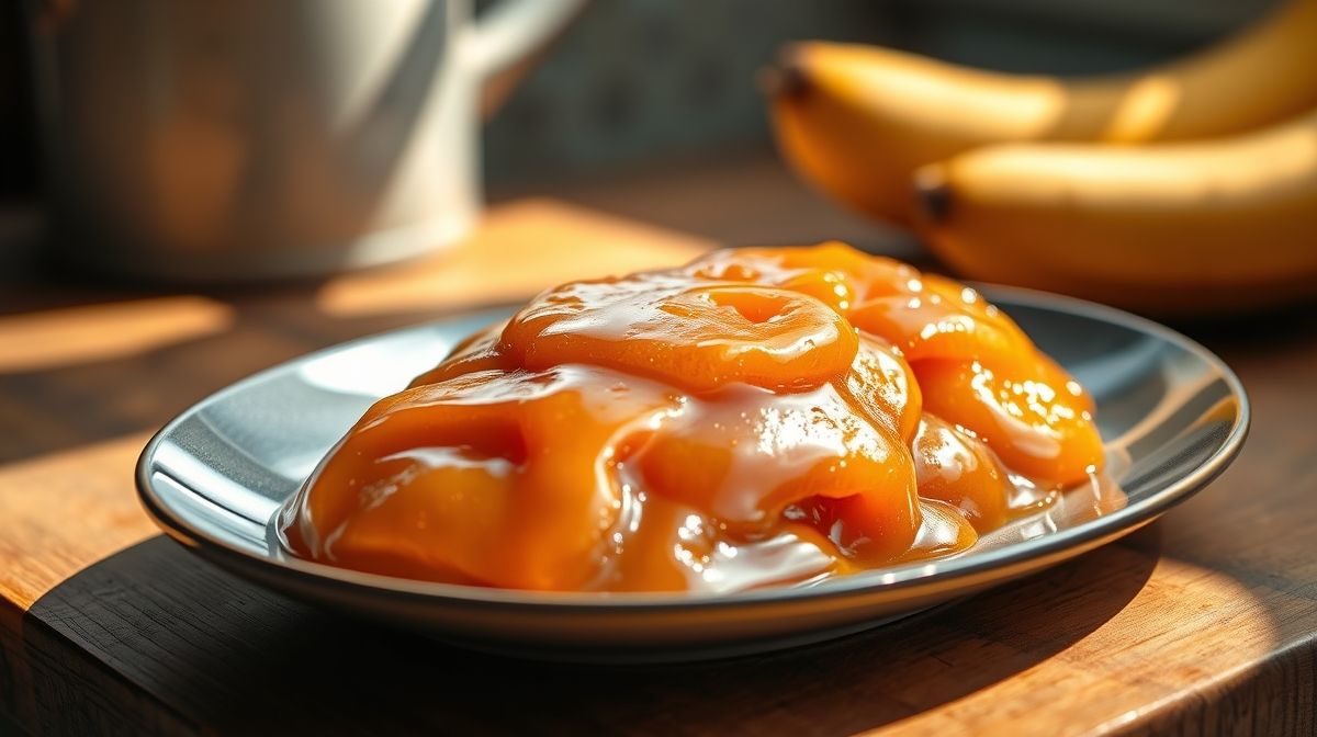 Doce de banana sem açúcar pronto, cremoso, dourado e servido em potinho rústico de vidro