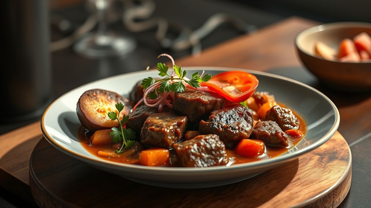 Ensopado de carne de anta servido em prato fundo, fumegante e saboroso, com caldo rico e legumes coloridos.