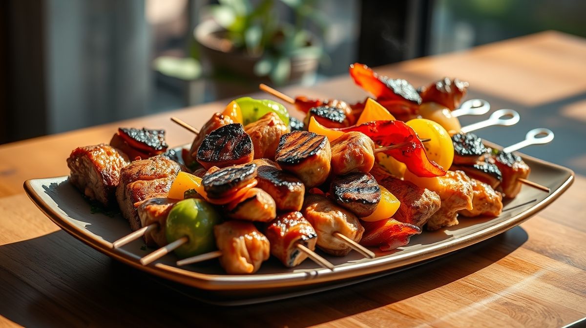 Espetinhos de carne, frango, legumes e bacon grelhados, servidos suculentos e bem apresentados, prontos para vender