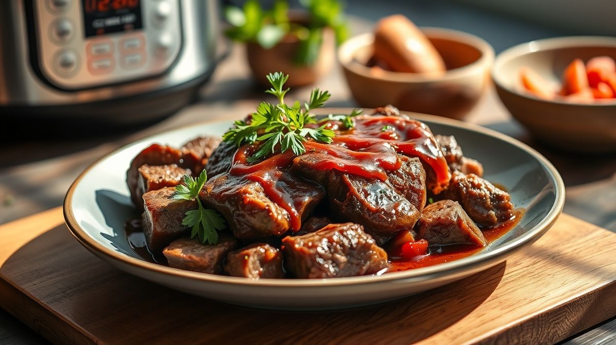 Prato de miolo de acém cozido na pressão, macio e suculento, servido em travessa com molho encorpado