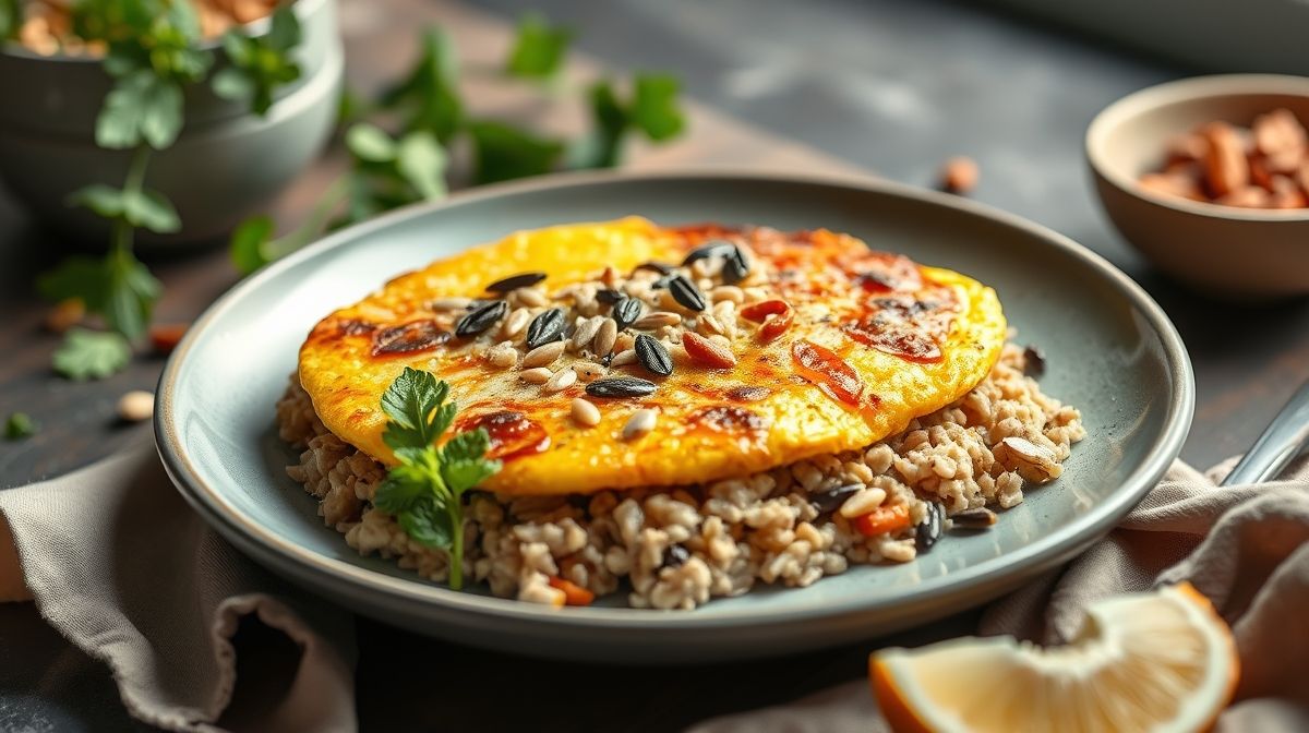 Omelete reforçada fit dourada e apetitosa, servida em prato branco com sementes e queijo derretido por cima