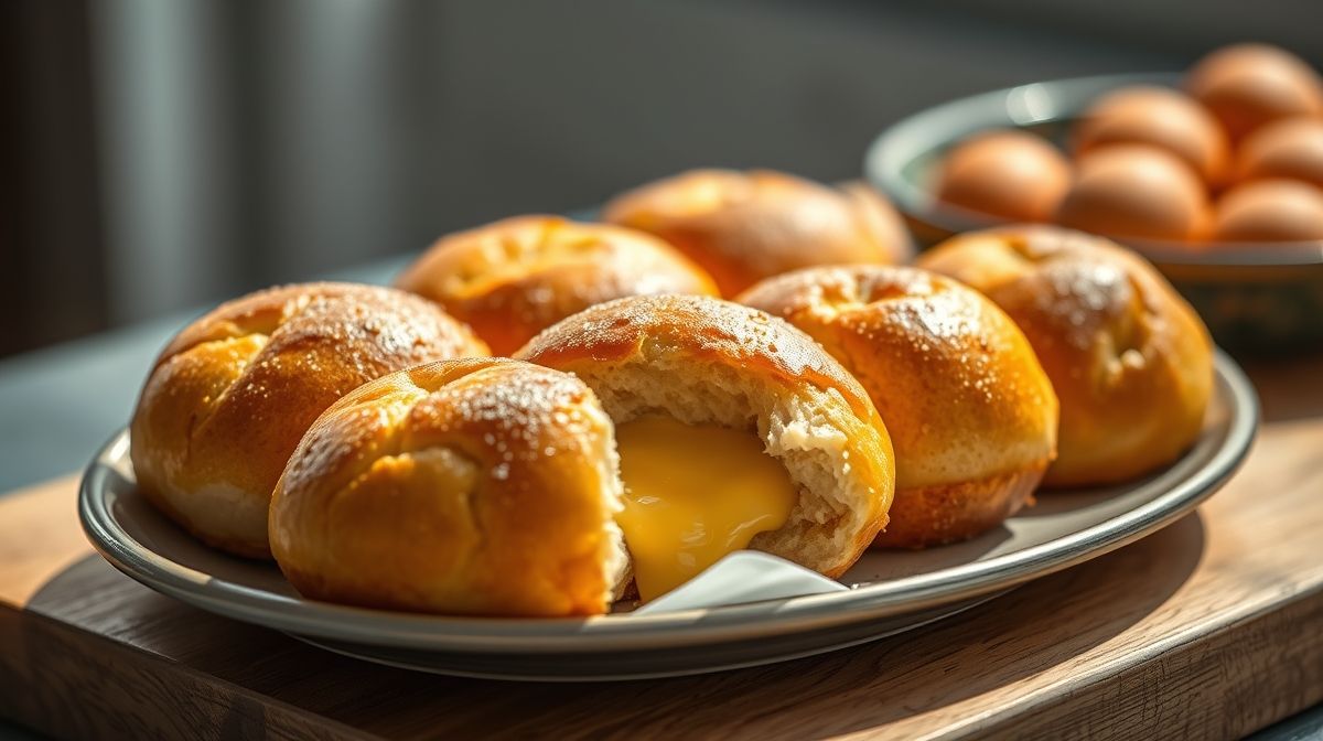 Pãezinhos de tapioca dourados e crocantes em uma cesta de palha, prontos para servir no café.