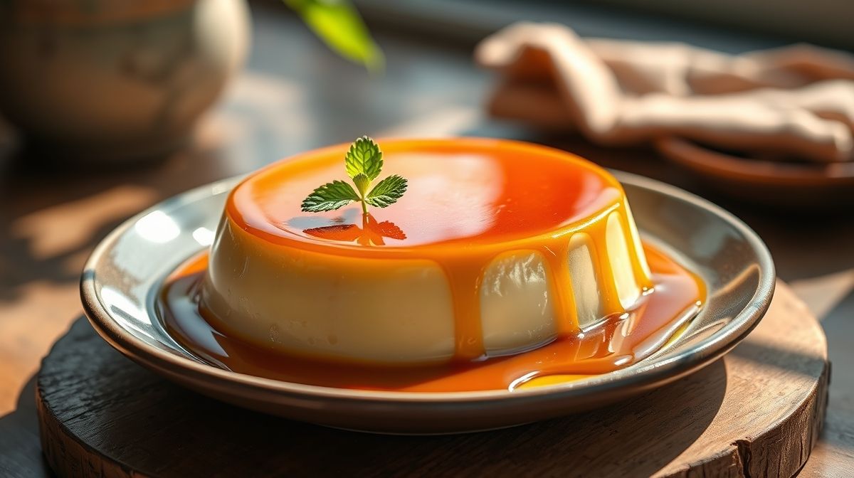 Pudim dourado e cremoso, coberto por calda de caramelo brilhante e servido em prato fundo elegante
