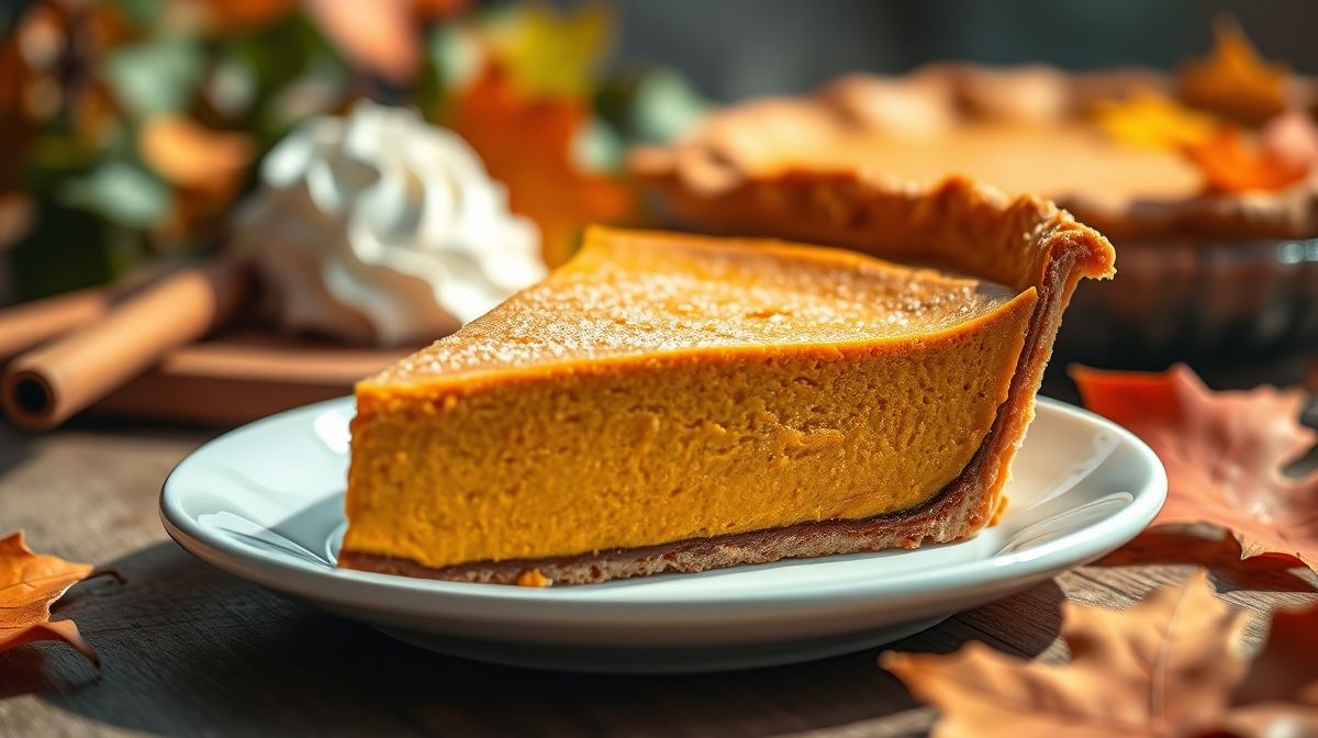 Torta de abóbora americana clássica finalizada, dourada, aromática e convidativa.