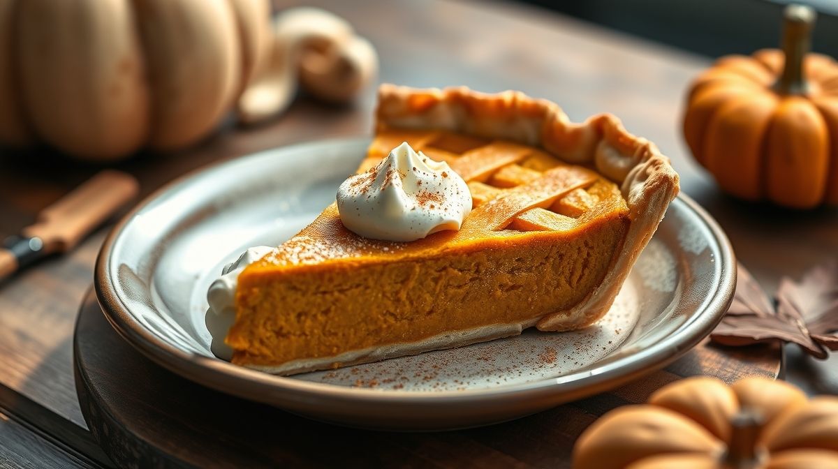 Torta de abóbora americana dourada, com massa crocante e recheio cremoso, servida em fatia sobre prato elegante.