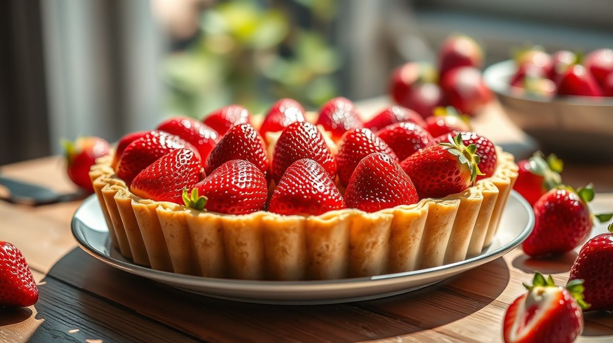 Torta de morango finalizada, com creme claro, massa dourada e frutas frescas brilhando em calda delicada