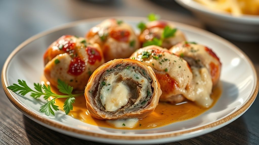 Almôndegas douradas com recheio de queijo derretido, servidas em prato rústico com molho de tomate ao fundo.