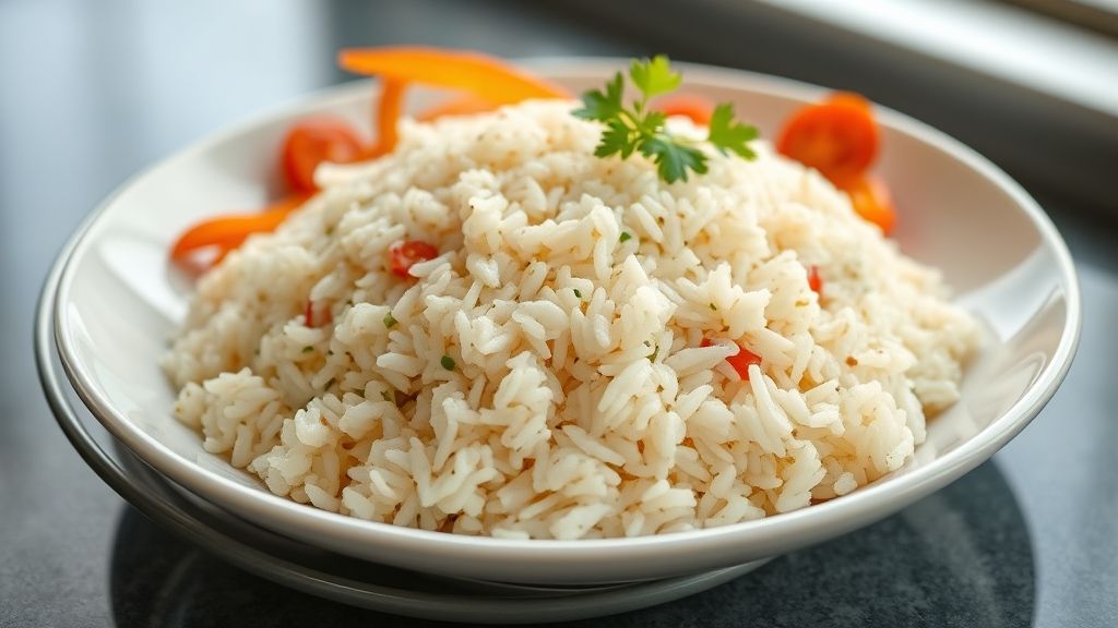 Tigela de arroz branco soltinho e aquecido, pronto para servir após descongelamento correto.