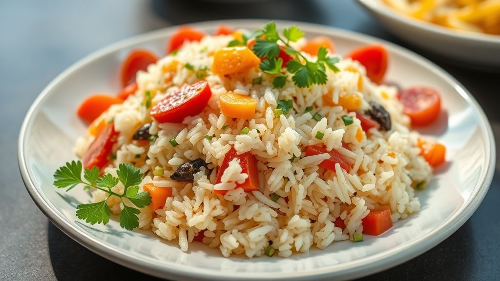 Refratário de arroz de forno dourado com legumes coloridos e queijo gratinado