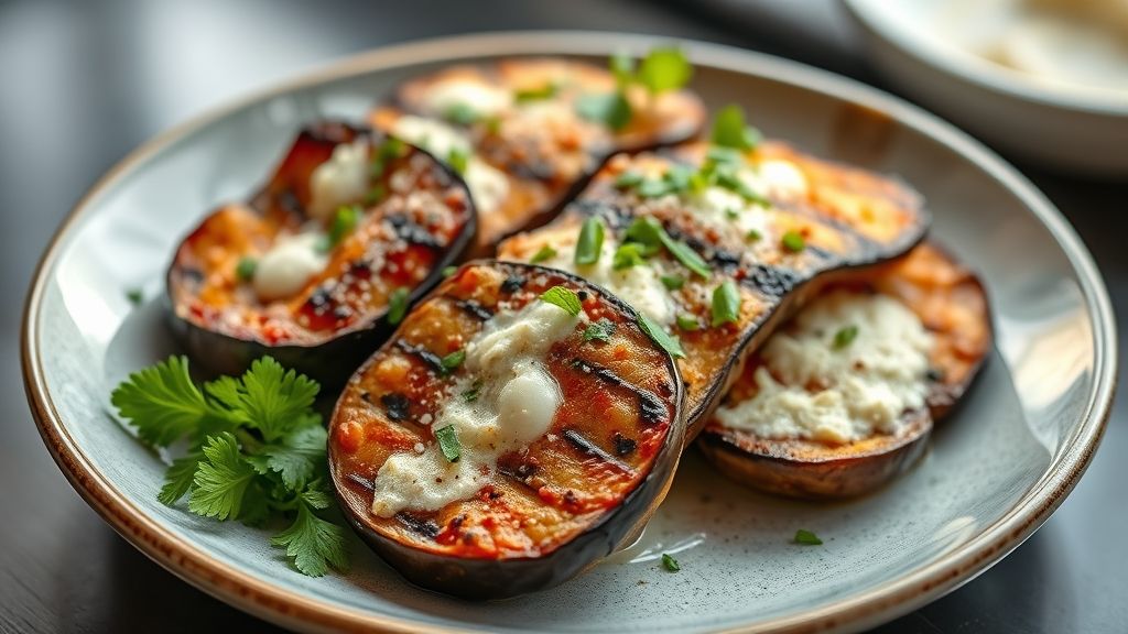 Fatias de berinjela à milanesa douradas e crocantes servidas em prato rústico com molho ao lado