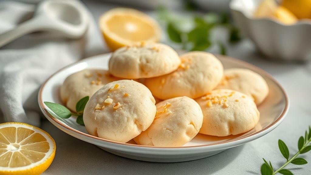 Biscoitos de limão com Maizena dourados, leves e macios, dispostos em um prato elegante prontos para servir