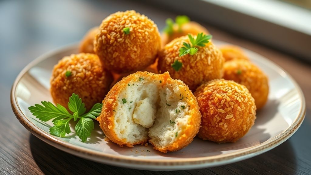 Bolinhas de queijo douradas e crocantes, servidas em uma tigela, com recheio derretido e visual apetitoso.