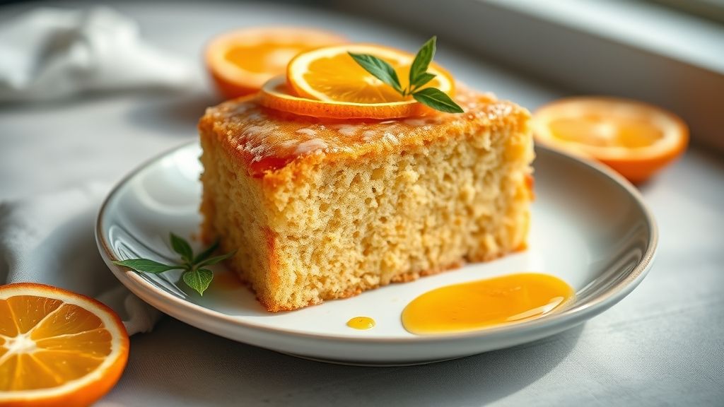 Bolo de fubá com laranja dourado e fofinho, polvilhado com açúcar de confeiteiro, servido em mesa aconchegante
