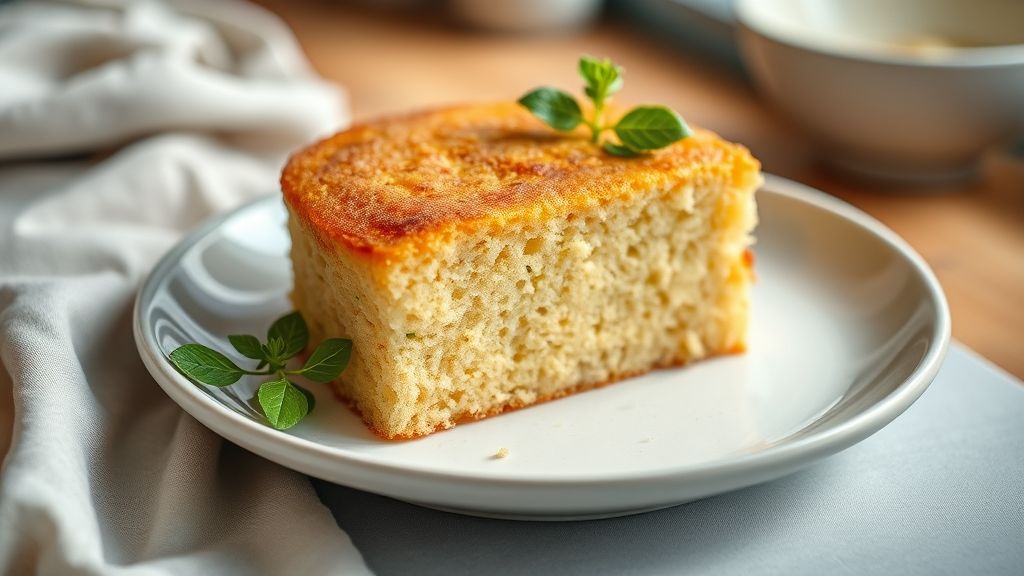Bolo de fubá dourado e fofinho, servido inteiro em prato decorativo, com textura macia e aroma irresistível