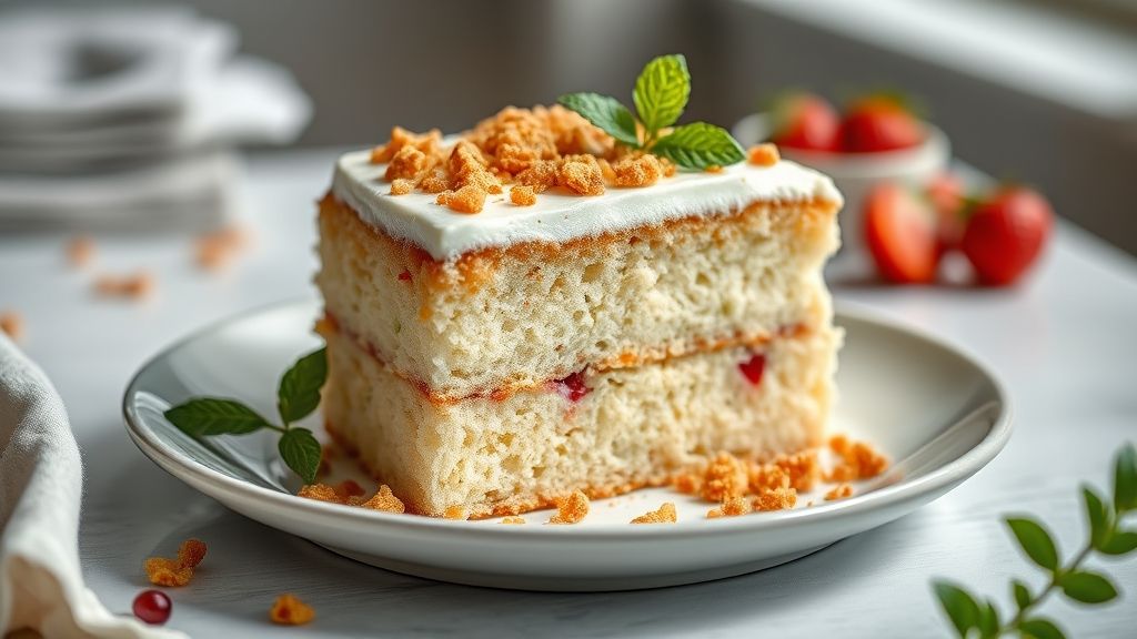 Bolo fofinho e dourado, servido em fatias macias em um prato elegante, pronto para ser degustado