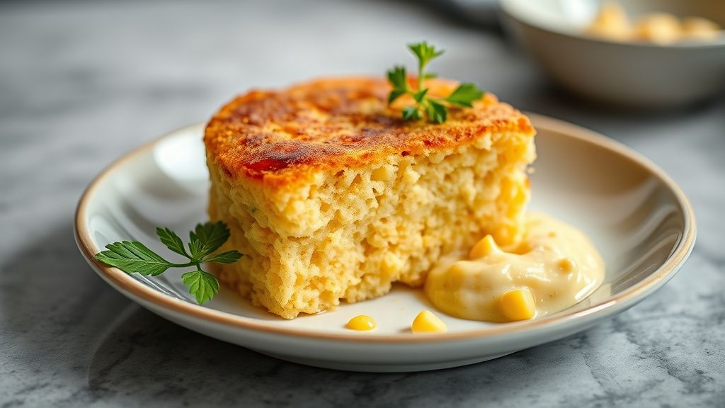 Bolo de milho cremoso caseiro assado, dourado, servido em fatias macias e apetitosas, em prato simples e elegante.