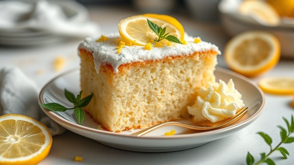Bolo dourado e macio de limão, coberto com glacê leve e servido de forma apetitosa em prato elegante.