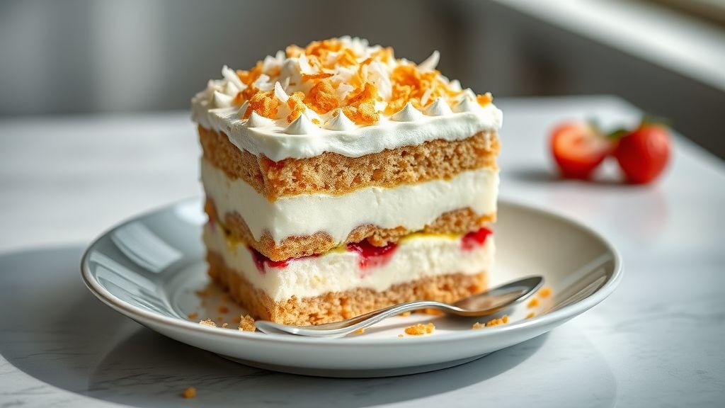 Sobremesa em camadas de bolo esfarelado, creme branco de coco e ganache de chocolate brilhante, decorada com coco ralado.