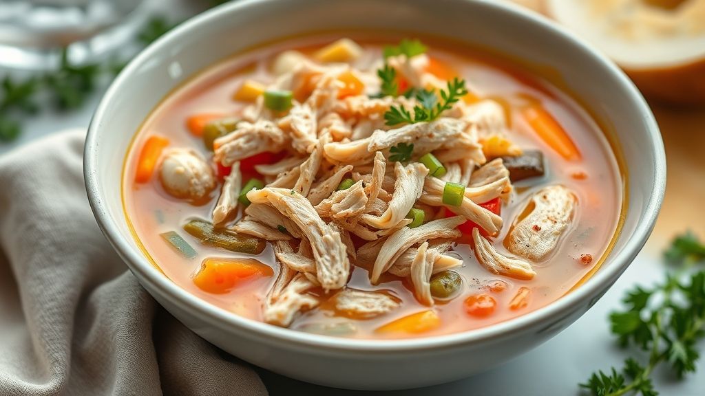 Tigela fumegante de caldo de legumes com frango desfiado, bem servido e decorado com cheiro-verde fresco.