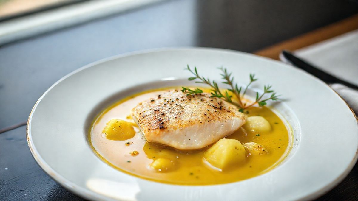 Receita pronta de caldo de peixe com batata servido em tigela fumegante, cremoso e apetitoso