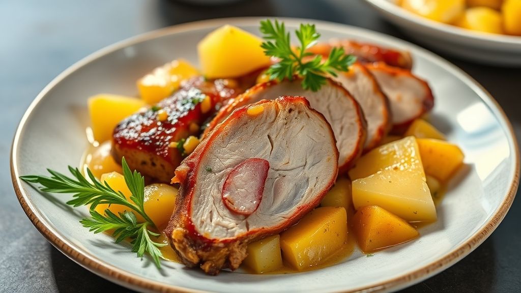Carne de porco assada, fatiada e servida com molho de abacaxi e cebola caramelizada, pronta para servir à mesa.