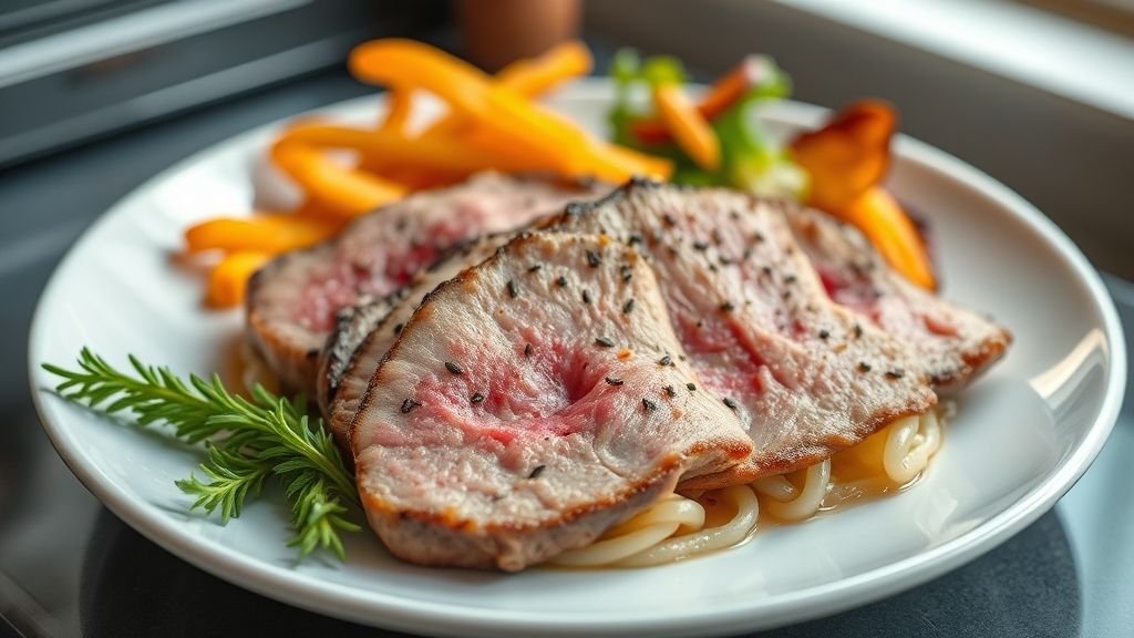 Carne descongelada em prato de vidro, pronta para ser preparada, aspecto fresco e bem apresentado.