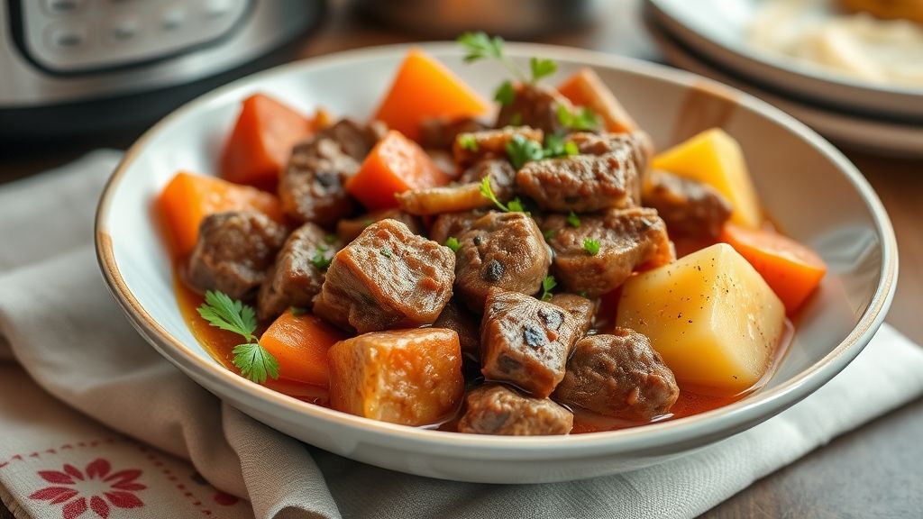 Prato de carne ensopada com legumes e caldo grosso, servido em uma tigela funda com cheiro-verde fresco por cima.