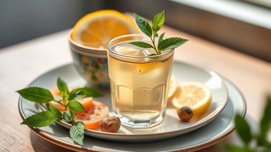 Xícara de chá detox emagrecedor e energizante servido de forma elegante, com limão, gengibre e hortelã frescos.