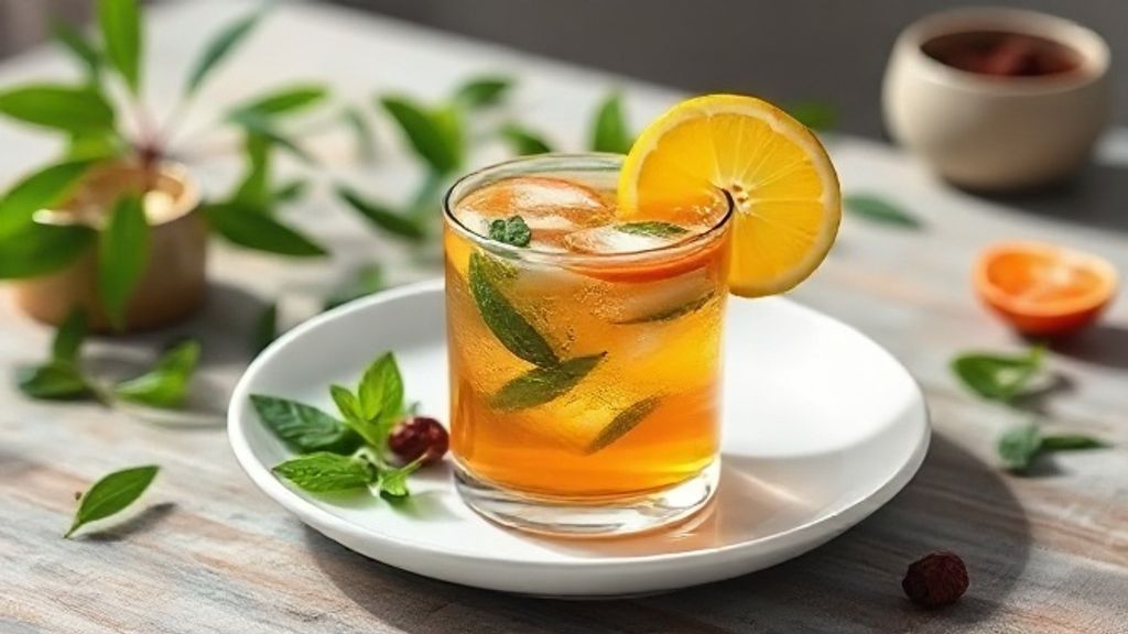 Xícara de chá detox energizante pronta, com cor vibrante e toque de limão, servida em mesa iluminada naturalmente.