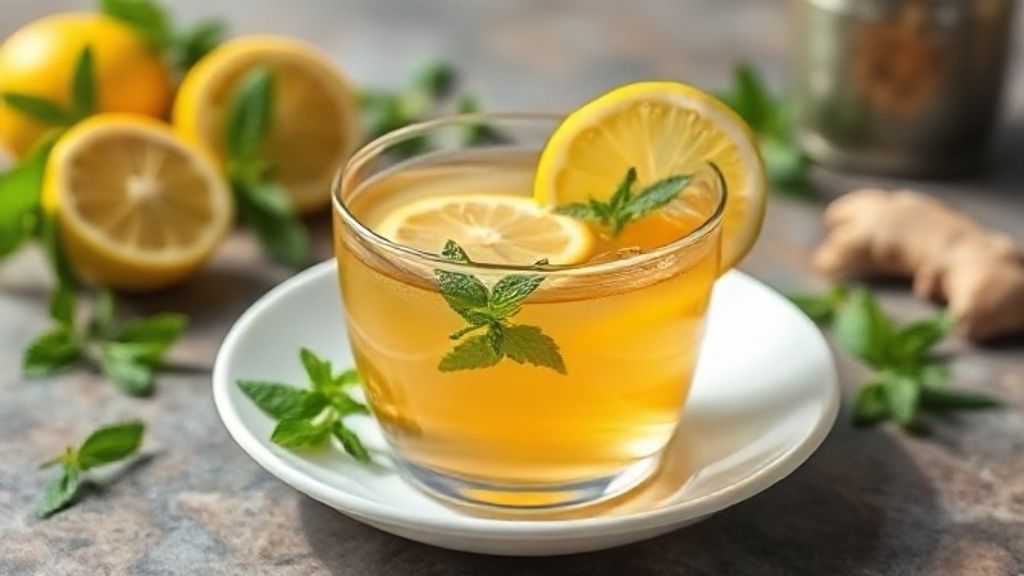 Xícara de chá detox servido com limão, gengibre e hortelã, bem apresentado e refrescante