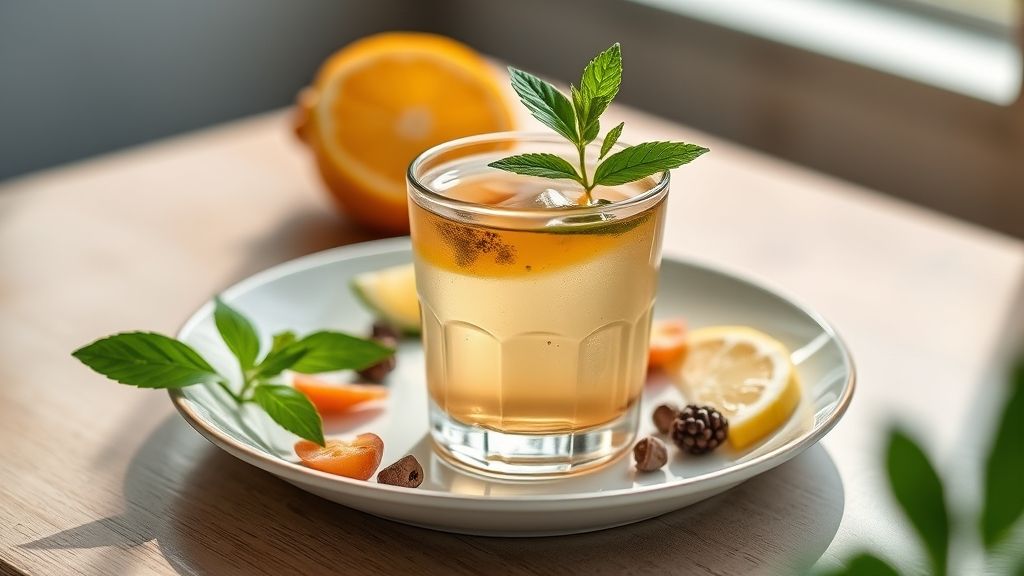 Xícara de chá detox energizante quente, com cor vibrante, servida em mesa elegante com folhas e gengibre ao lado