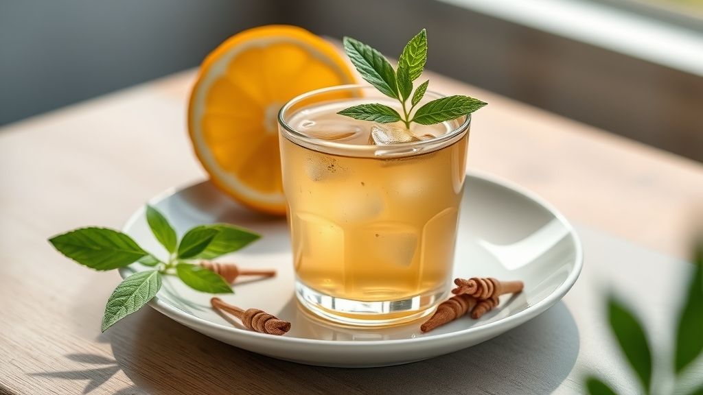 Xícara com chá detox natural servido, decorado com limão e folhinhas de hortelã, em mesa rústica elegante.