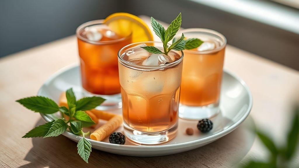 Xícaras fumegantes de chás poderosos em diferentes cores, servidas com frutas e ervas frescas em mesa rústica