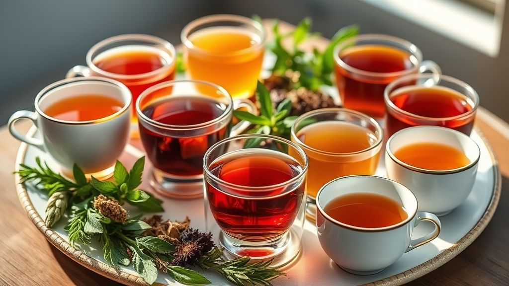 Xícaras variadas de chás poderosos fumegantes, coloridos, em mesa rústica, convidativos e bem apresentados.