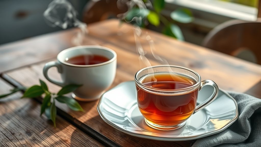 Xícaras de diferentes chás naturais servidos em uma mesa rústica, fumegantes e apetitosos.