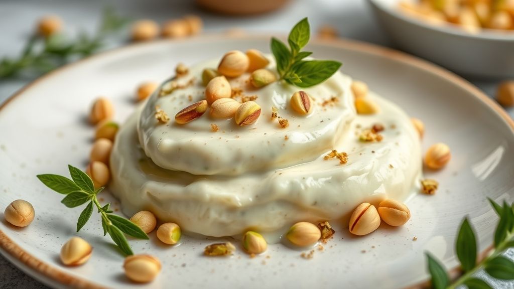 Creme de pistache pronto em taça de vidro, com textura cremosa e decorado com pistaches picados.