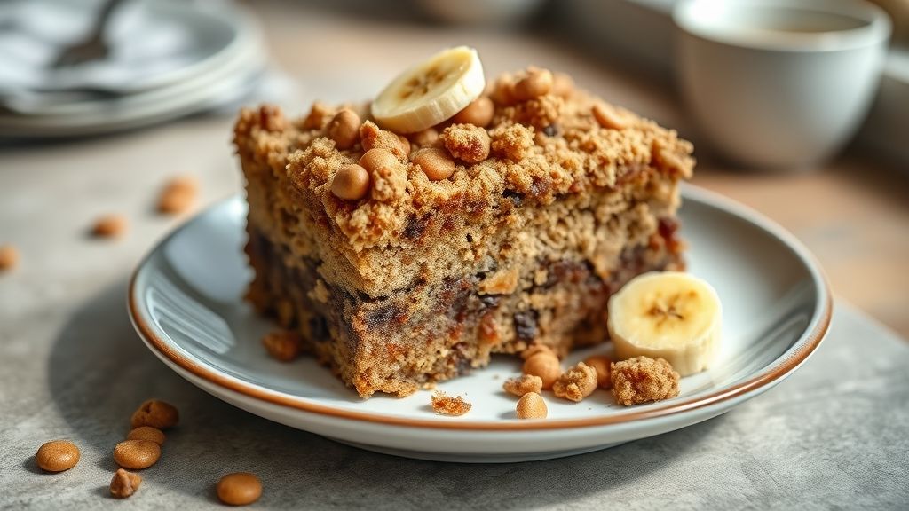Cuca de banana com chocolate dourada, com farofa crocante e pedaços de banana e chocolate à mostra.