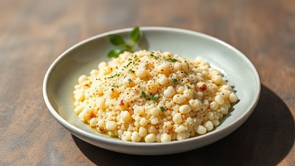Sobremesa de cuscuz de tapioca com água, servida em pedaços e finalizada com coco ralado e leite condensado.