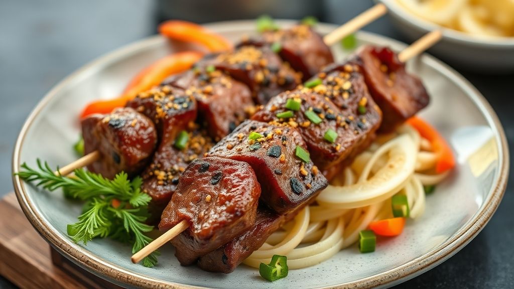 Espetinho de carne dourado na grelha, suculento e bem temperado, servido de forma apetitosa