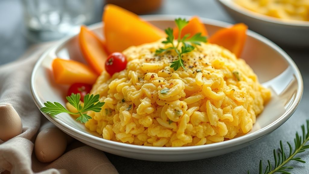 Farofa de farinha de milho dourada e crocante, servida em uma tigela rústica, decorada com salsinha fresca.