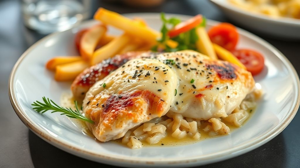 Filé de frango gratinado cremoso, coberto com queijo dourado e salsinha, servido em um refratário elegante