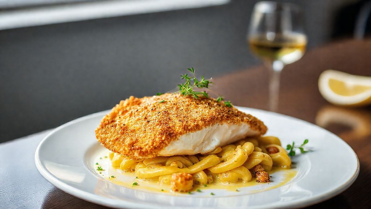 Filé de linguado empanado dourado, crocante por fora e macio por dentro, servido em prato elegante.