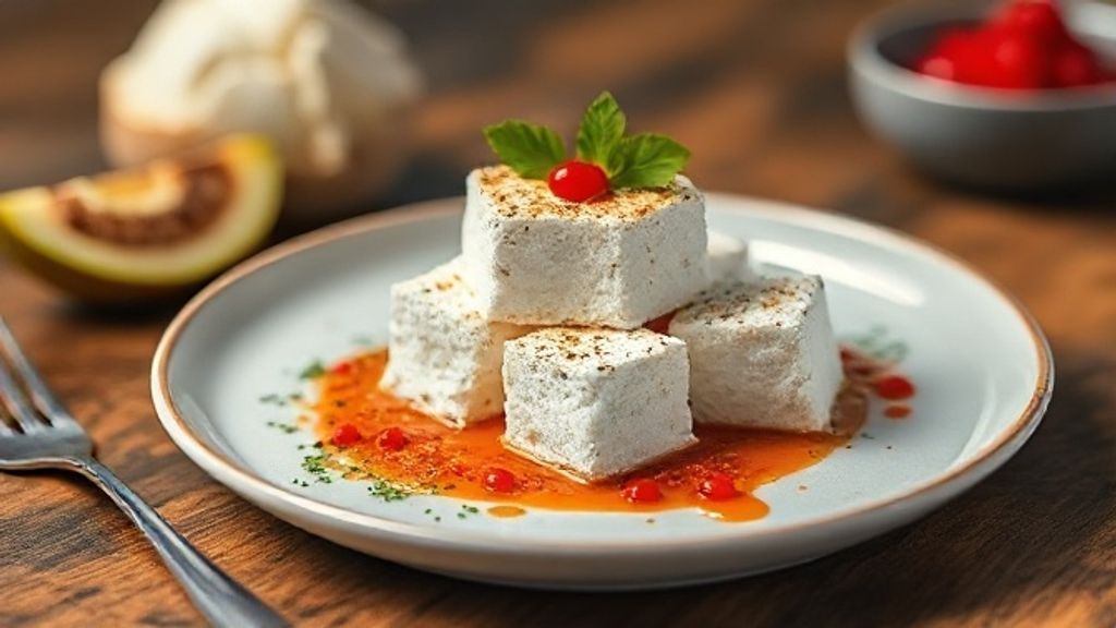 Cubos de maria-mole simples envoltos em coco ralado, servidos em um prato branco, fofos e apetitosos