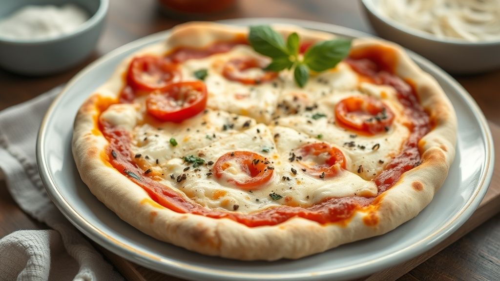 Pizza caseira com bordas crocantes, mussarela derretida e orégano fresco no topo, servida em tábua rústica