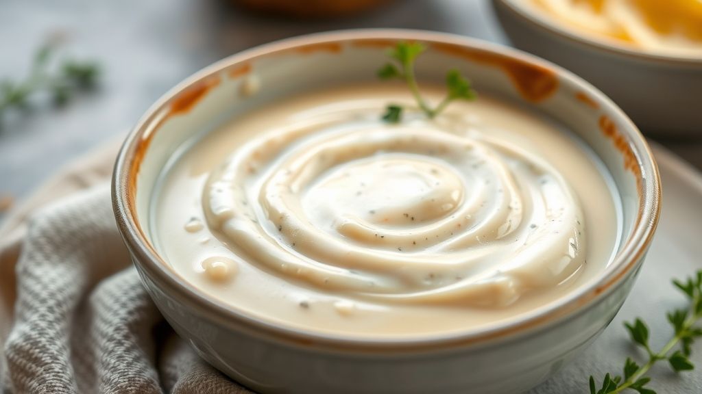Tigela com molho branco cremoso, servido de forma elegante e apetitosa.