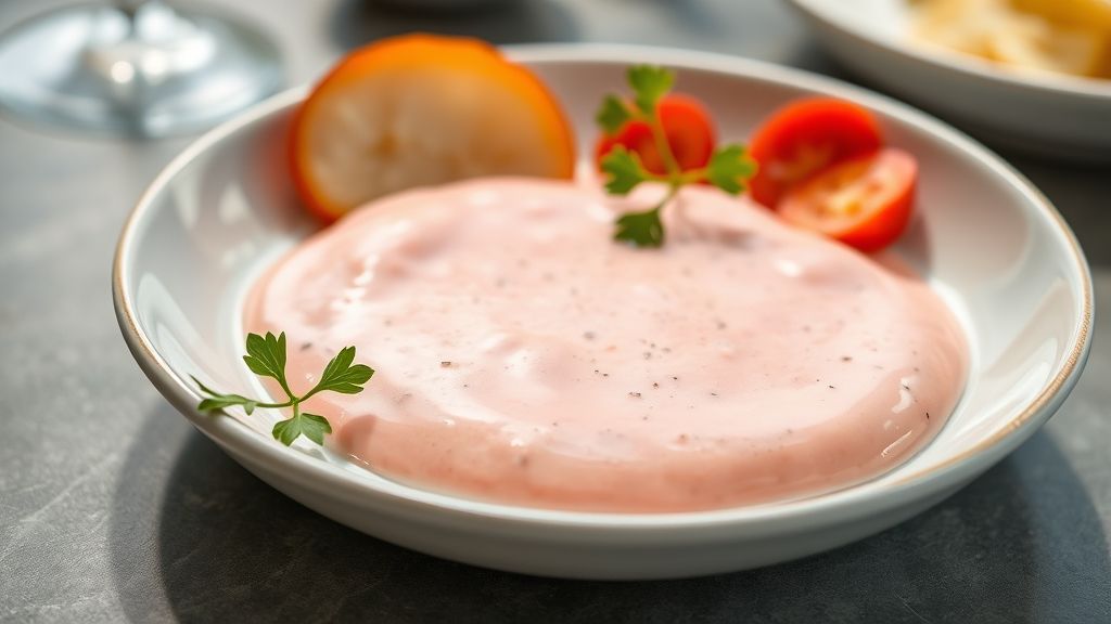 Tigela de molho rosé cremoso, textura aveludada e cor rosada, servido de forma elegante e apetitosa.