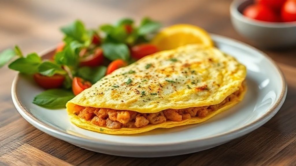 Omelete dourado, dobrado e recheado com frango, queijo muçarela derretido e tomates-cereja, servido em prato elegante.