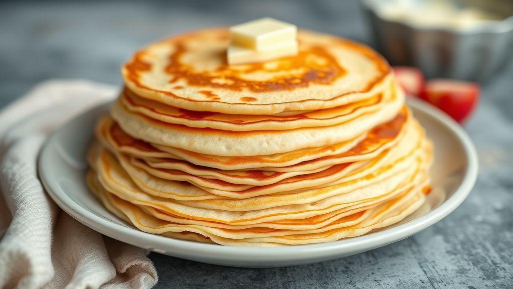 Panquecas douradas e macias empilhadas em prato branco, prontas para rechear